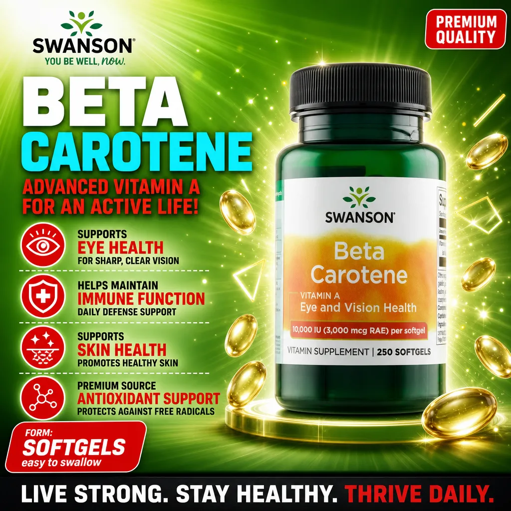 Swanson Beta Carotene 10000 IU 250 softgels vitamin A supplement for eye and vision health, antioxidant support, and immune function in a green bottle with orange label.