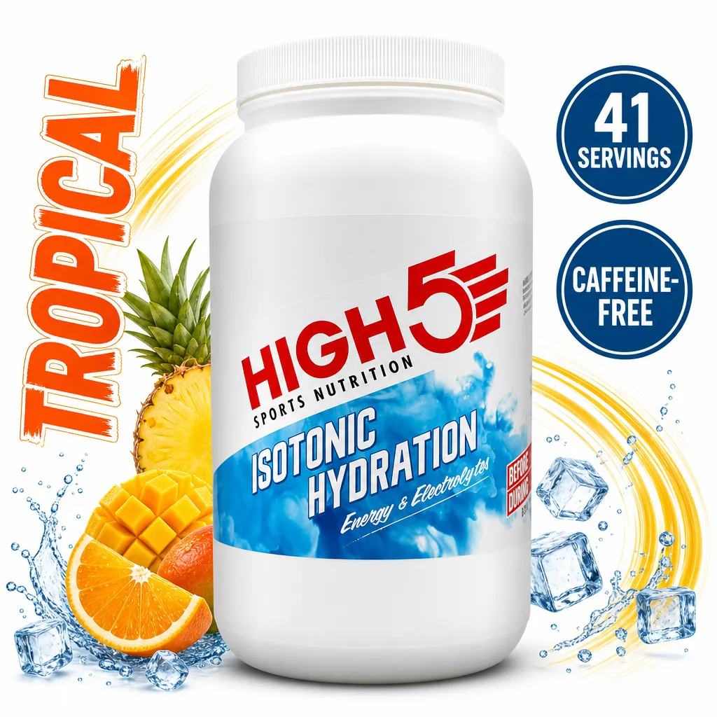 High5 Sports Nutrition Isotonic Hydration 1230g sports drink powder in a white tub, with tropical fruit imagery and 41 servings