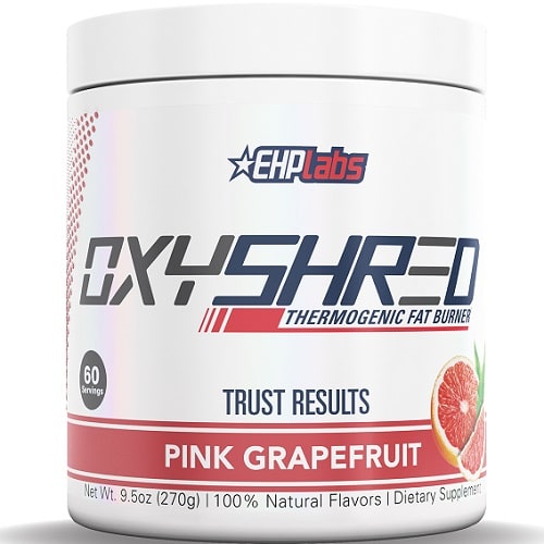 EHPlabs OxyShred Thermogenic Fat Burner in Pink Grapefruit flavour, 60 servings, dietary supplement with natural flavors, white tub with red and blue accents.