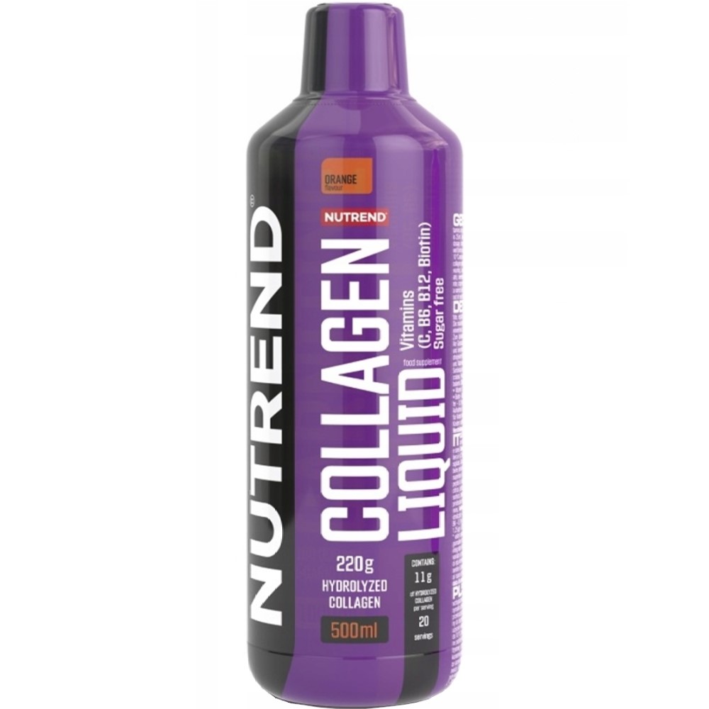Nutrend Collagen Liquid 500ml orange-flavour hydrolyzed collagen supplement with vitamins B6, B12, and biotin, sugar-free, in a purple bottle.