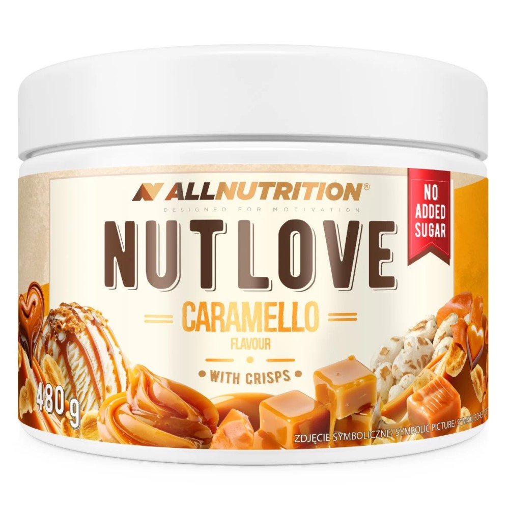 Allnutrition NUTLOVE 480g Caramello With Crisps jar, caramel spread with rice crisps, labeled packaging