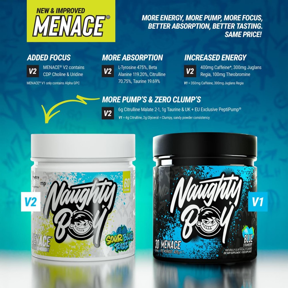 Naughty Boy Menace V2 Pre-Workout 60 servings in Sour Blue Razz flavour, a high-stimulant pre-workout supplement with added focus, absorption, and energy, shown in a white and yellow tub.