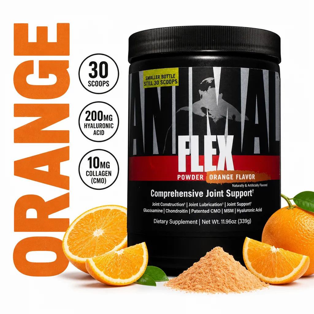 Universal Nutrition Animal Flex Powder joint support supplement, orange flavour, 30 scoops in a black tub