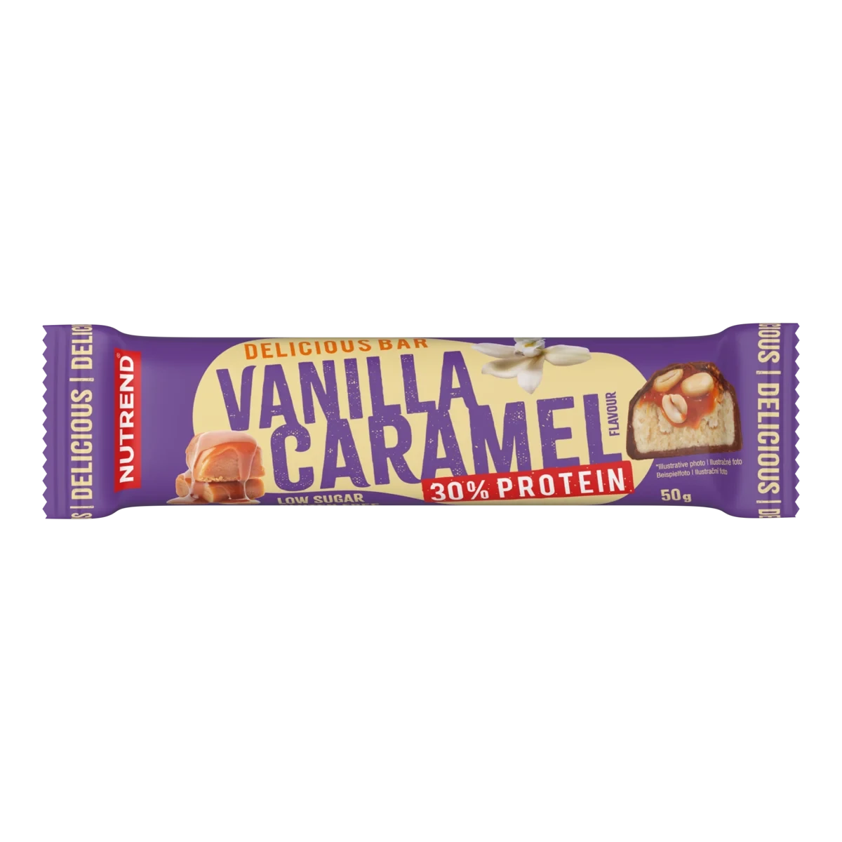 Nutrend Delicious Protein Bar 30% Vanilla Caramel, a 50g protein bar in a purple wrapper with milk chocolate and peanut filling