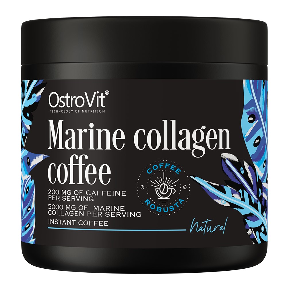 OstroVit Marine Collagen Coffee natural instant coffee with 200mg caffeine and 5000mg marine collagen per serving, black jar with blue feather design.