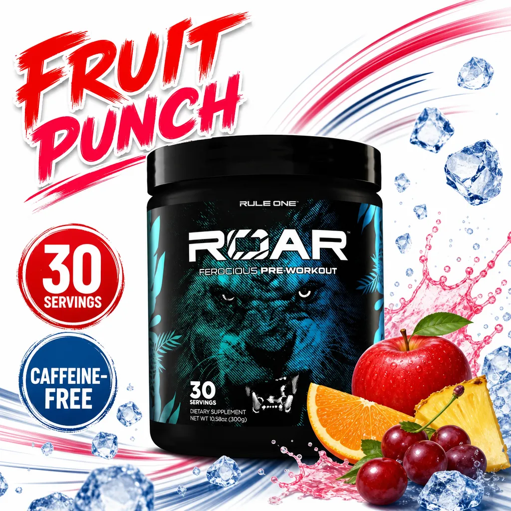 Rule One ROAR Fruit Punch caffeine-free pre-workout powder, 30 servings in a 300 g black tub with blue accents.