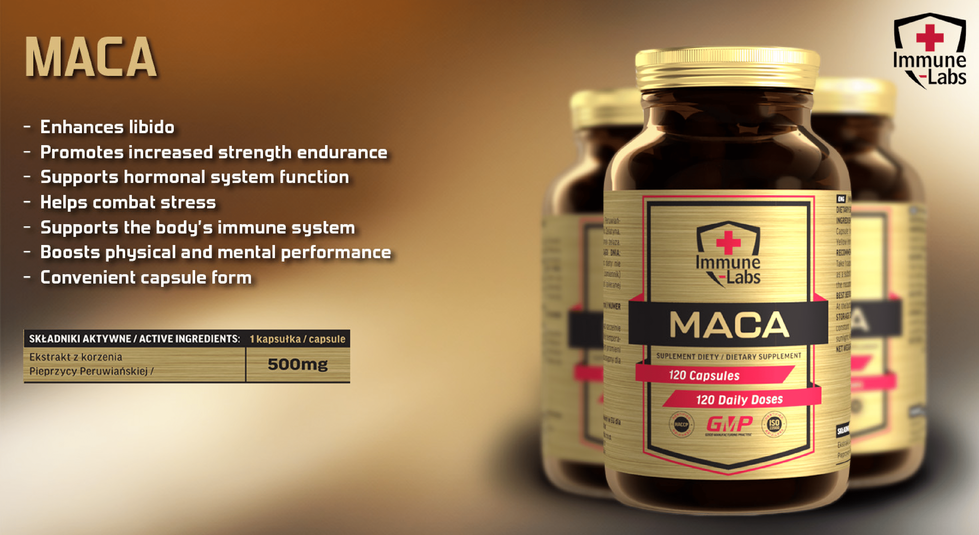 Immune Labs Maca dietary supplement, 120 capsules, 500mg per capsule, supports libido, strength, stress reduction, and immune system, in a brown bottle with gold label.