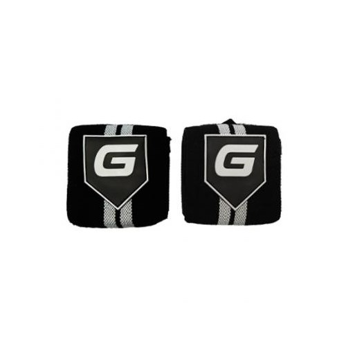 Gaspari Nutrition Wrist Wraps black and grey, pair of supportive fitness wrist wraps with a bold G logo, designed for weightlifting and gym use.