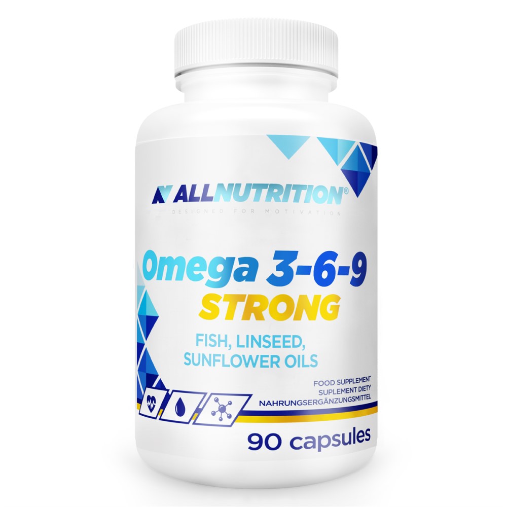 Allnutrition Omega 3-6-9 Strong 90 capsules dietary supplement with fish, linseed, and sunflower oils, in a white bottle with blue and yellow accents.