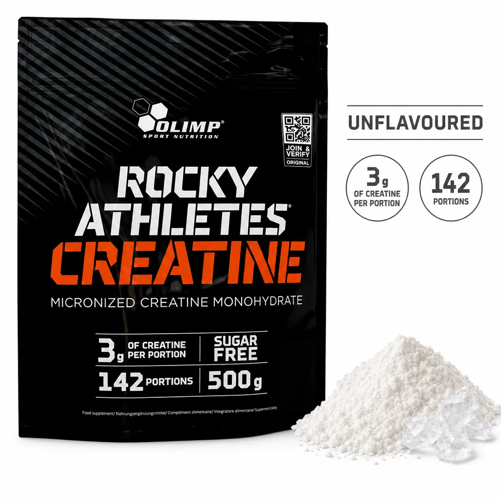 Olimp Rocky Athletes Creatine, 500g unflavoured micronized creatine monohydrate powder with 3g creatine per portion.