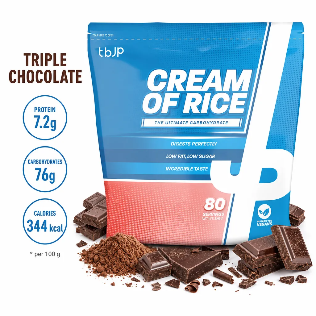 Trained by JP Nutrition Cream of Rice 2000g Triple Chocolate is a gluten-free carbohydrate supplement for athletes, featuring 80 servings and suitable for vegans.