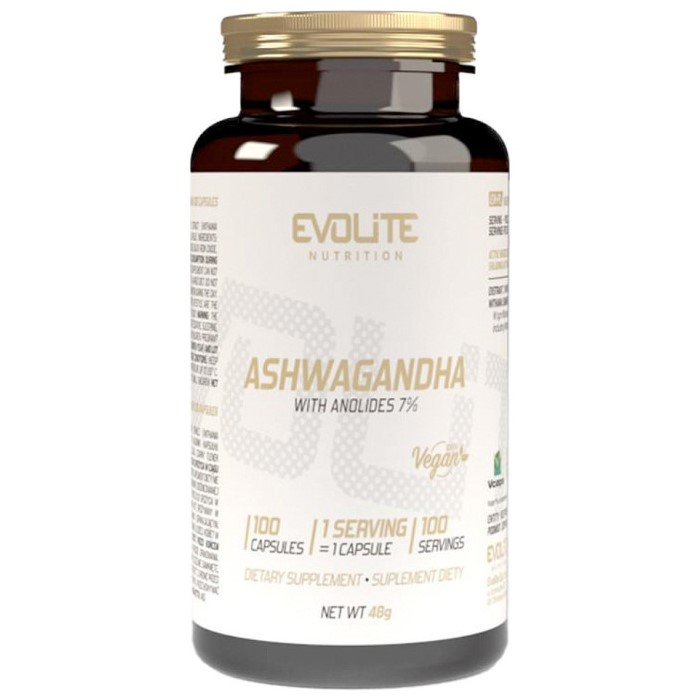 Evolite Ashwagandha vegan dietary supplement, 100 capsules, 375mg per capsule, withanolides 7%, in a brown bottle with gold lid and white label.