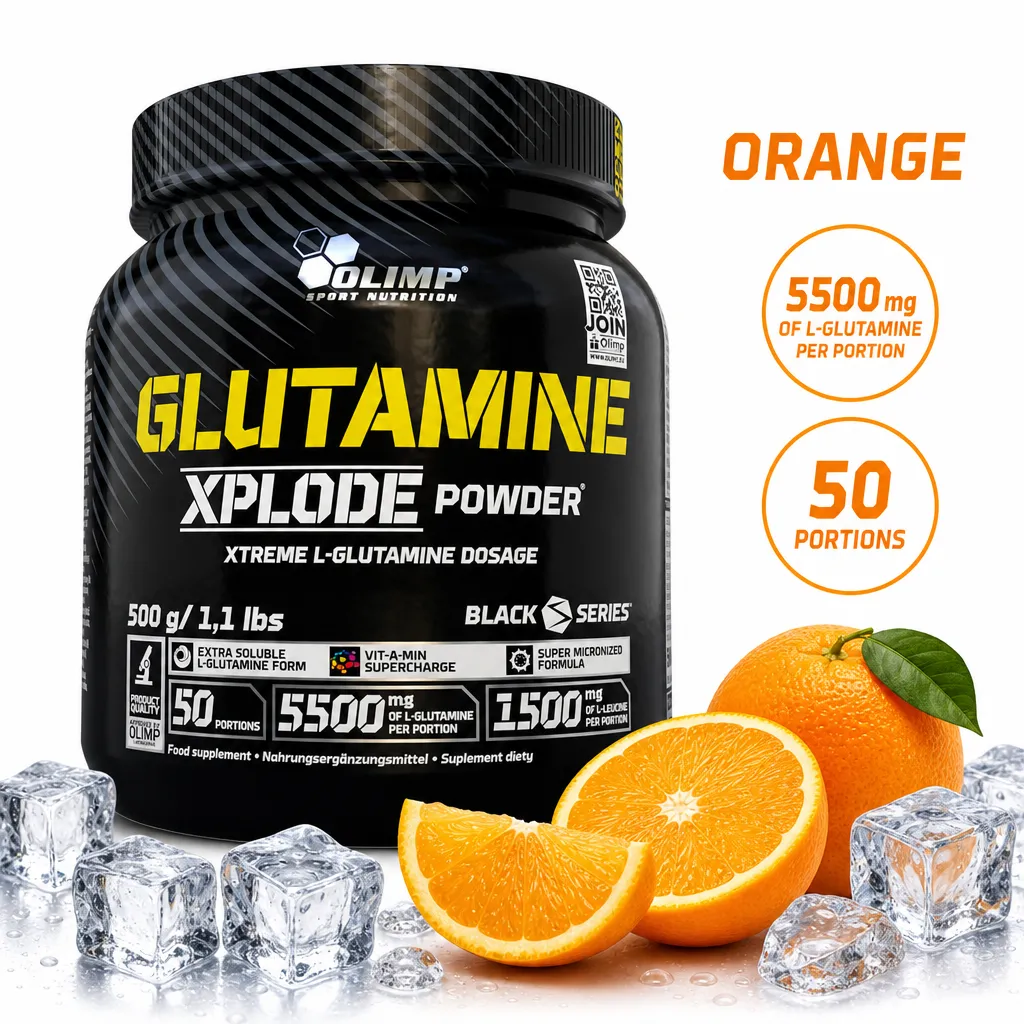 Olimp Glutamine Xplode 500g orange-flavoured micronized glutamine powder supplement with 50 portions