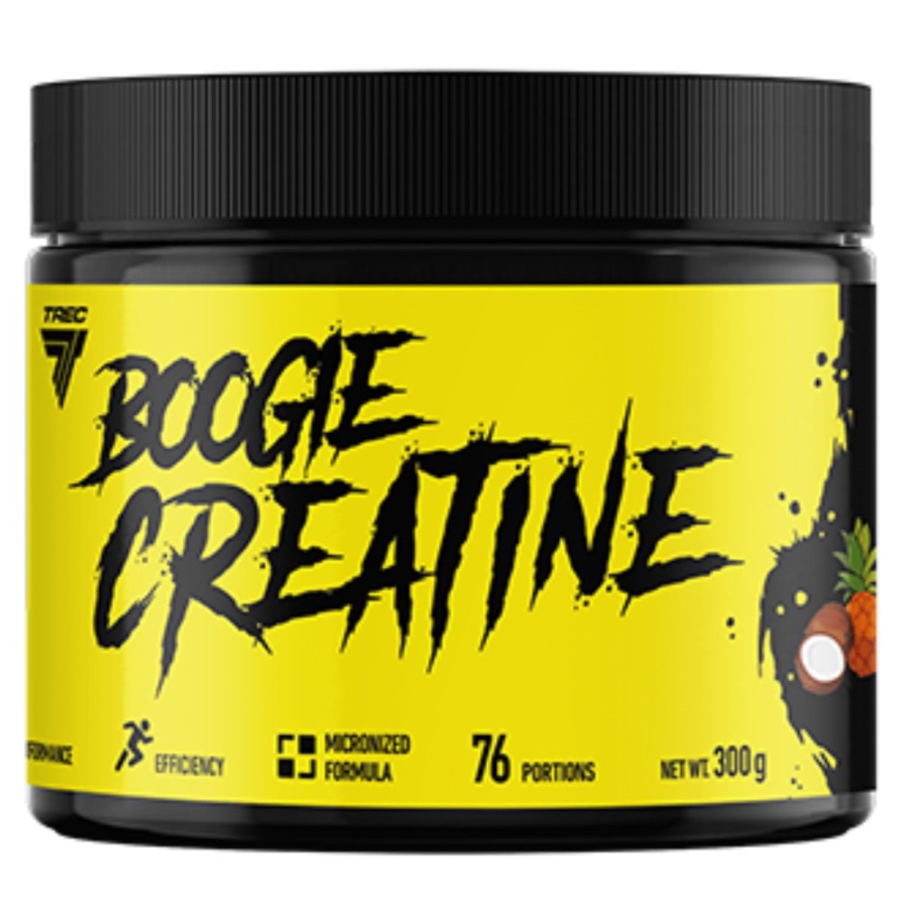 Trec Boogie Creatine 300g micronized creatine supplement with 76 portions, yellow and black packaging, suitable for sports performance and efficiency.