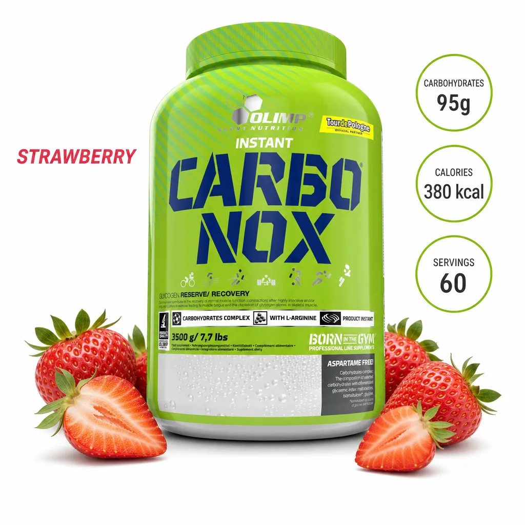 Olimp Nutrition Carbo-Nox 3000g strawberry flavor carbohydrate powder for energy and recovery, featuring a green container and fresh strawberries.