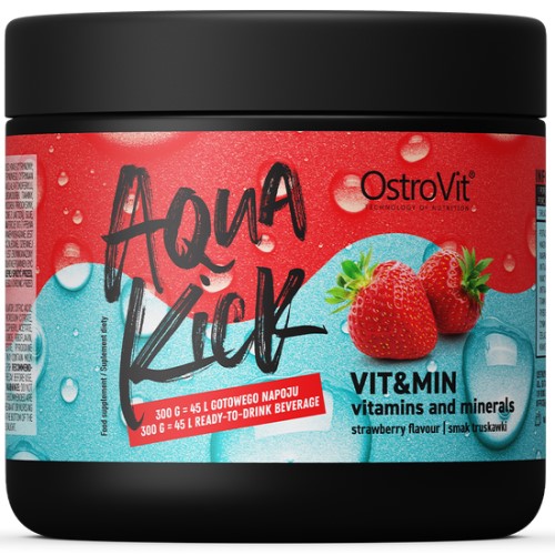 OstroVit Aqua Kick Vit&Min 300g strawberry flavour vitamins and minerals supplement powder with a vibrant red label and strawberry imagery.