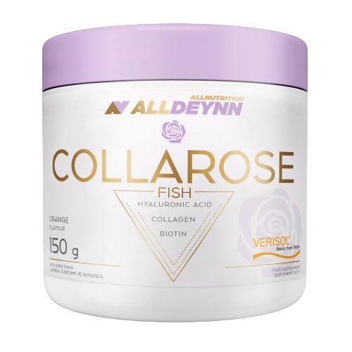 Allnutrition Alldeynn Collarose Fish is a 150g orange-flavour collagen supplement with hyaluronic acid and biotin, designed for beauty and wellness support. The packaging is predominantly white with a lavender lid.