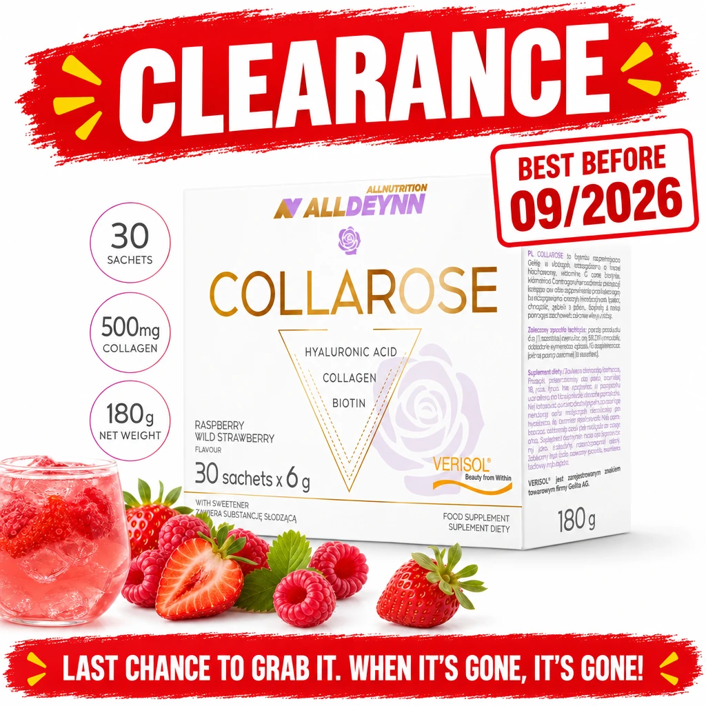 Allnutrition ALLDEYNN Collarose collagen supplement sachets, raspberry wild strawberry flavour, 30 × 6 g, with 500 mg collagen per sachet.