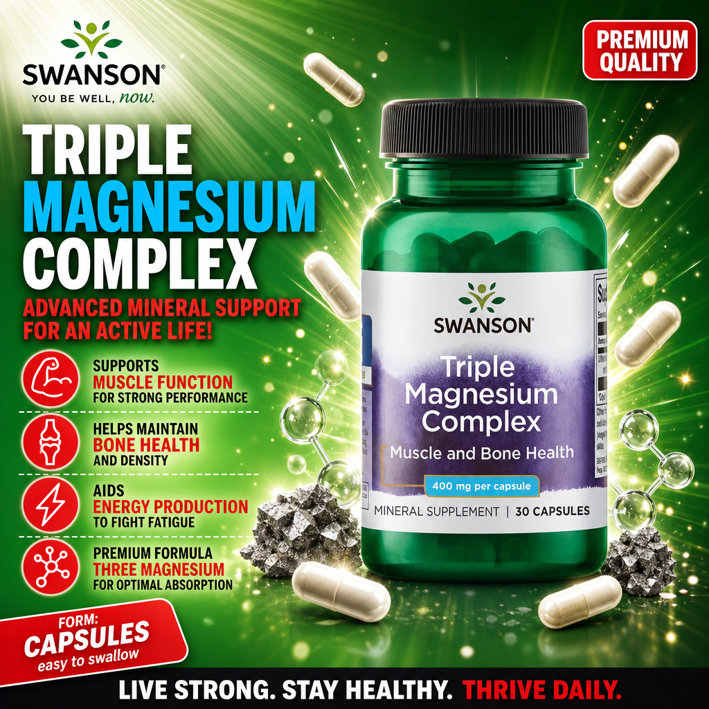Swanson Triple Magnesium Complex 400mg 30 capsules mineral supplement for muscle and bone health, shown in a green bottle with capsules and a green background.