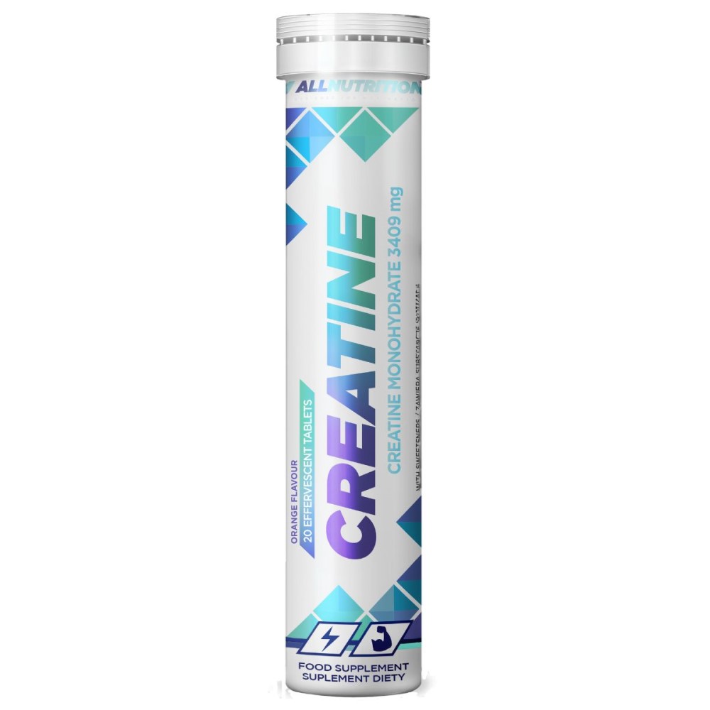 Allnutrition Creatine Monohydrate 20 effervescent tablets in orange flavour, a food supplement containing 3409 mg creatine per tablet, in a white and blue tube packaging.