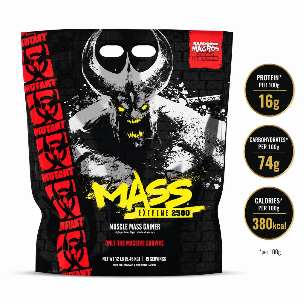 Mutant Mass Extreme 2500 muscle mass gainer powder, 5.45kg black pouch with 19 servings
