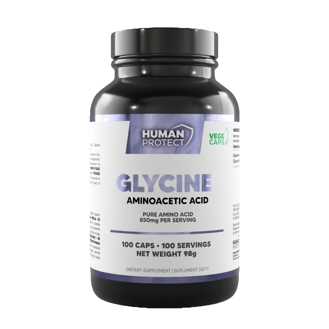 Human Protect Glycine 100 vege caps, an amino acid dietary supplement with 850 mg per serving.