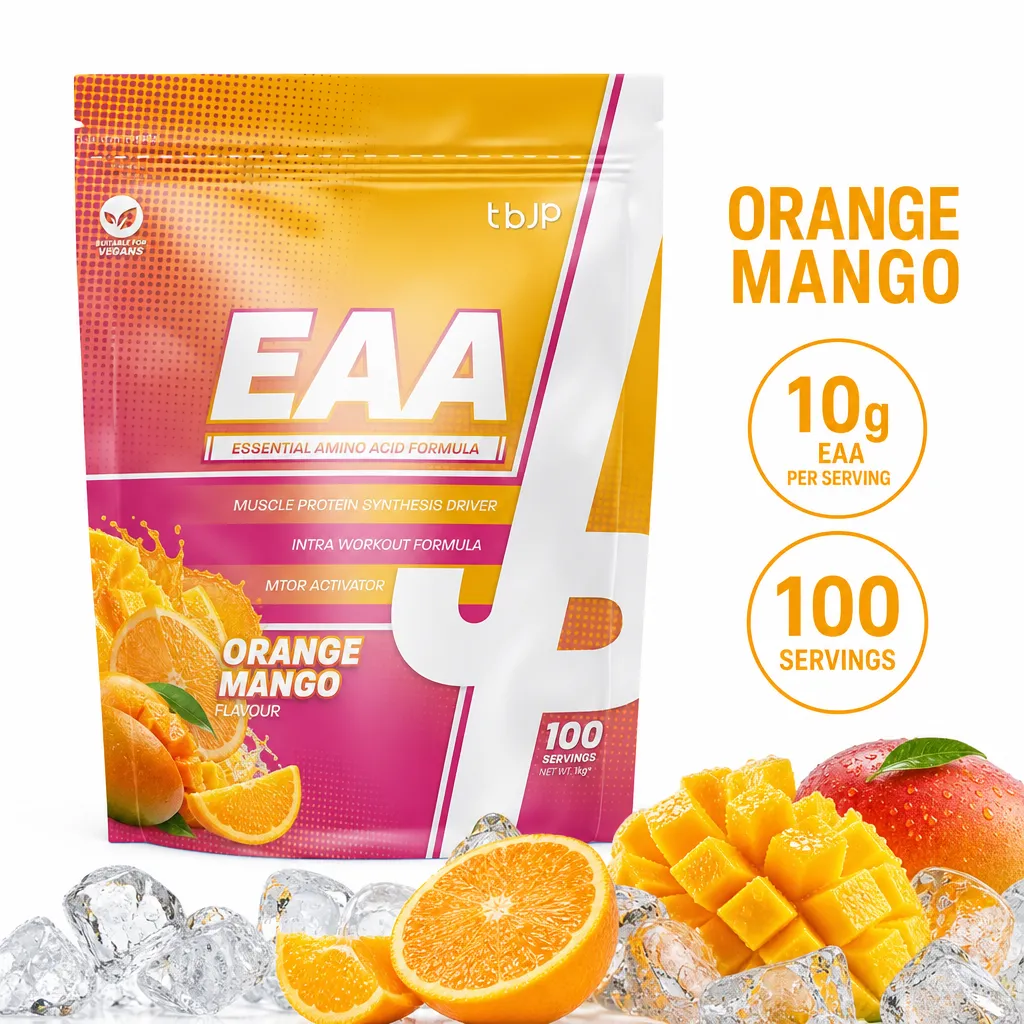 Trained by JP EAA 1000g essential amino acid powder in Orange Mango flavour, with 10g EAA per serving and 100 servings.