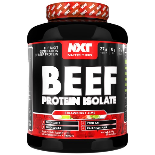 NXT Nutrition Beef Protein Isolate 1800g tub with blue raspberry flavour, black container and bold label design