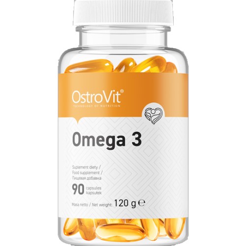 OstroVit Omega 3 90 capsules dietary supplement with omega-3 fatty acids, transparent bottle with yellow softgel capsules, 120g net weight.