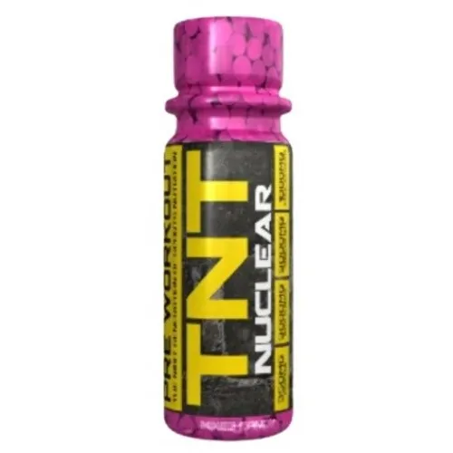 NXT Nutrition TNT Nuclear Shot mixed candy flavour pre-workout supplement in a 60ml pink bottle with bold yellow and black label.
