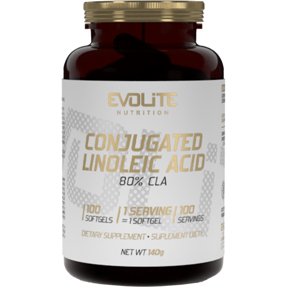 Evolite CLA Conjugated Linoleic Acid 100 softgels, 80% CLA dietary supplement in a brown bottle with a gold lid, designed for fitness and weight management support.