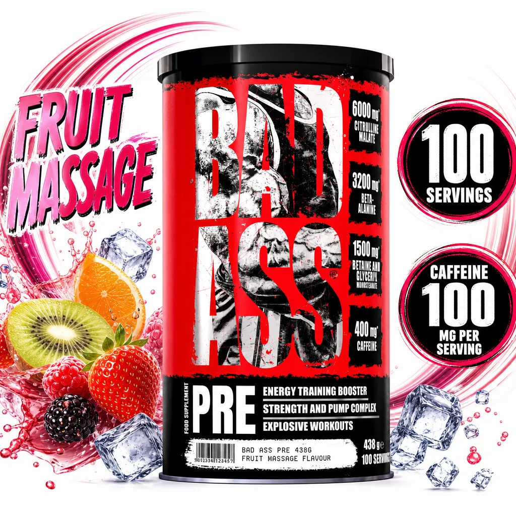 Bad Ass Pre 438g fruit massage flavour pre-workout powder in a red and black tub, with 100 servings and 100mg caffeine per serving.