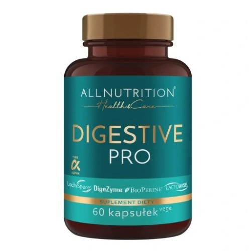 Allnutrition Digestive Pro 60 kapsułek dietary supplement for digestive health, in a dark amber bottle with a teal and gold label