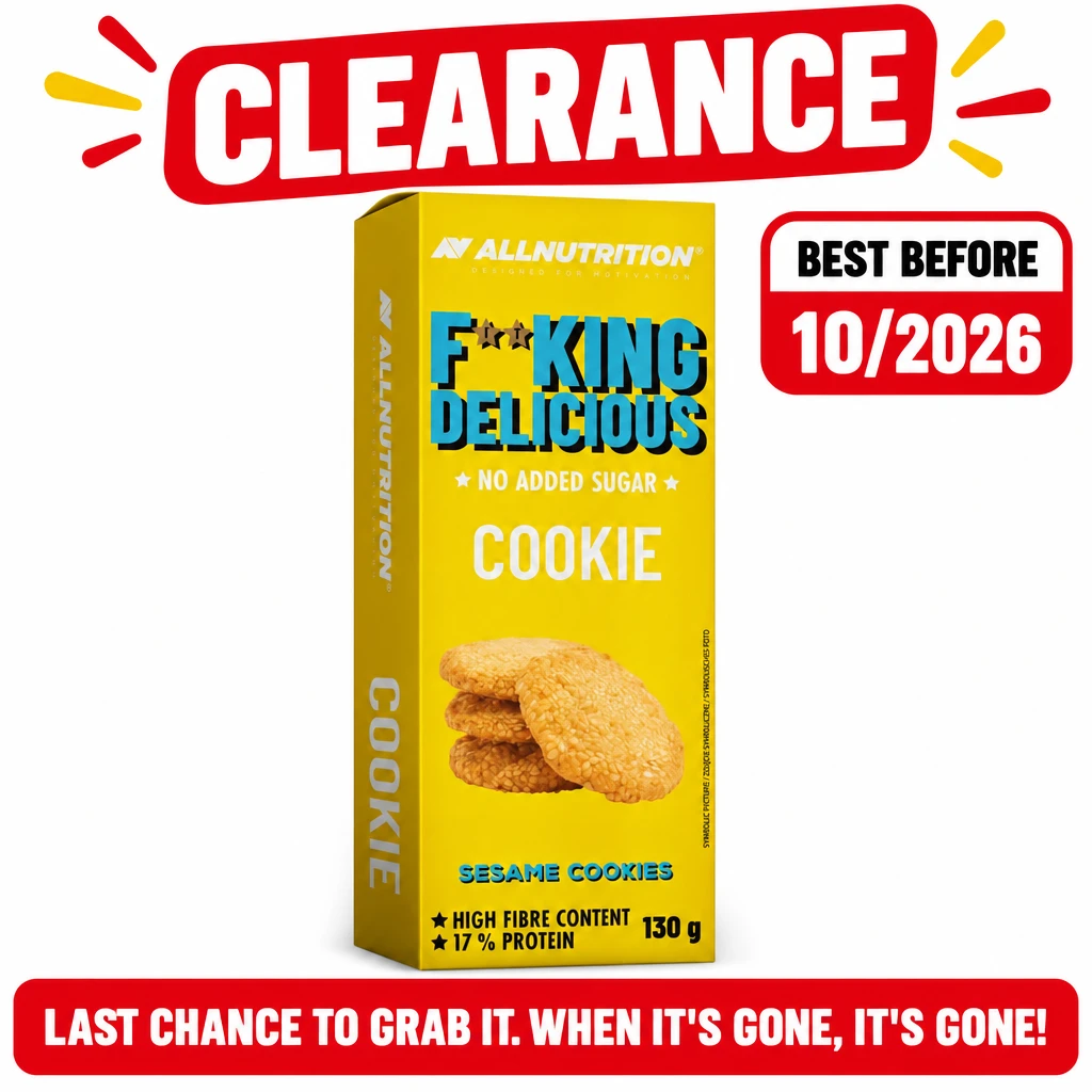 Allnutrition Fitking Delicious Cookie sesame cookies, 130 g, shown in a bright yellow box with no added sugar, high fibre and 17% protein claims.