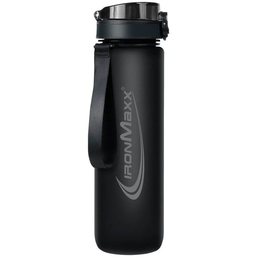 IronMaxx Sport Water Bottle 1000ml black reusable sports bottle with a strap and flip-top lid, suitable for hydration during workouts or outdoor activities.