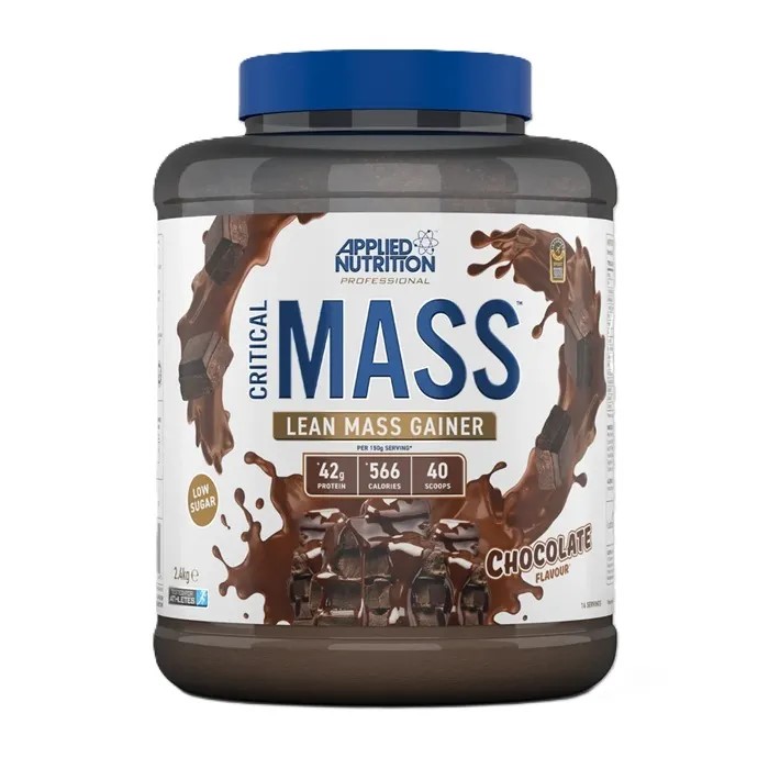Applied Nutrition Critical Mass Professional lean mass gainer, chocolate flavour, 2400g tub with 42g protein per serving, low sugar, and 566 calories per serving.