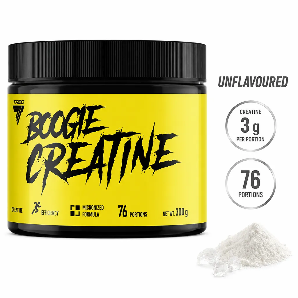 Trec Nutrition Boogie Creatine 300g unflavoured micronized creatine powder, providing 3g of creatine per portion.