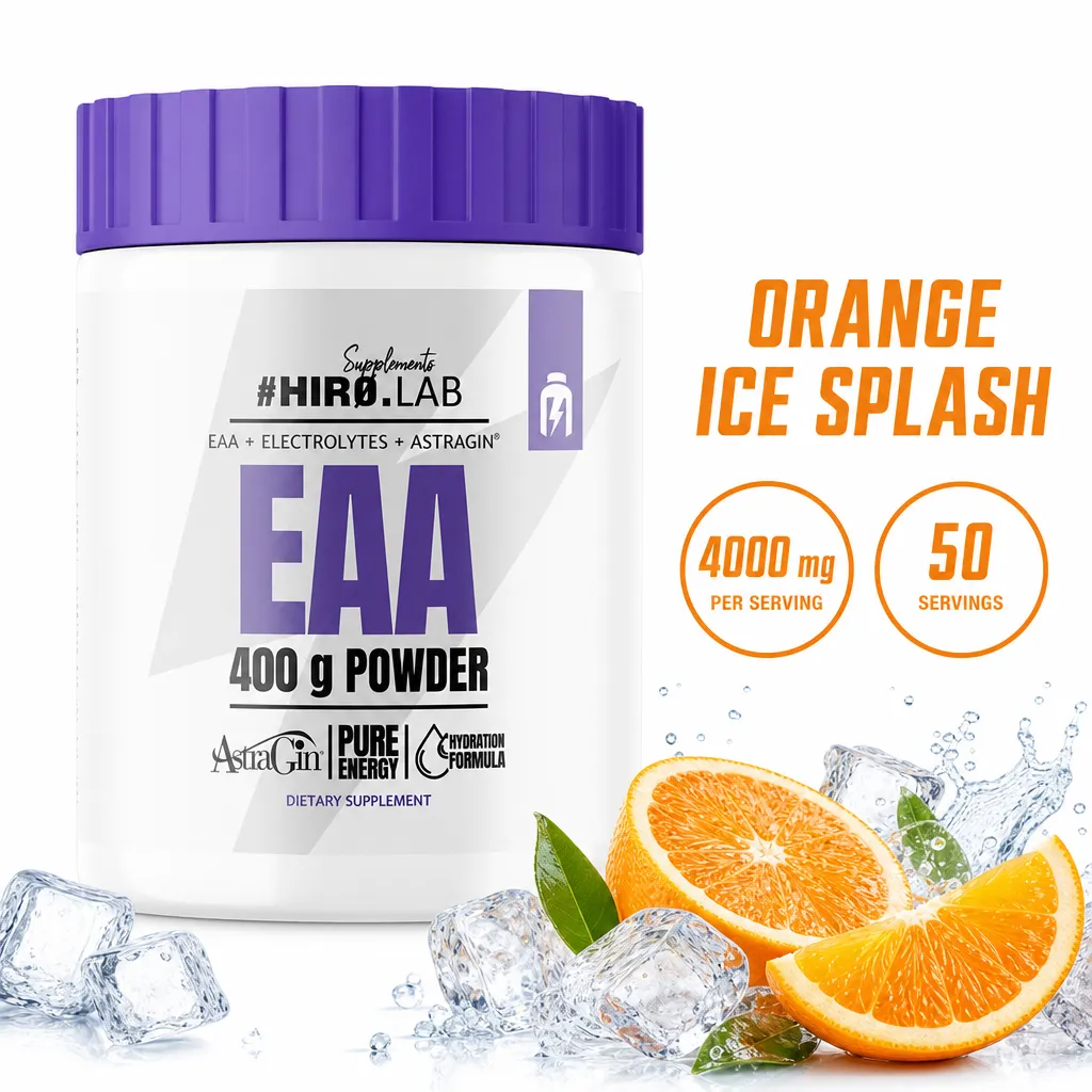 Hiro Lab EAA 400g Orange Ice Splash essential amino acid powder with electrolytes and AstraGin, shown with oranges and ice cubes.