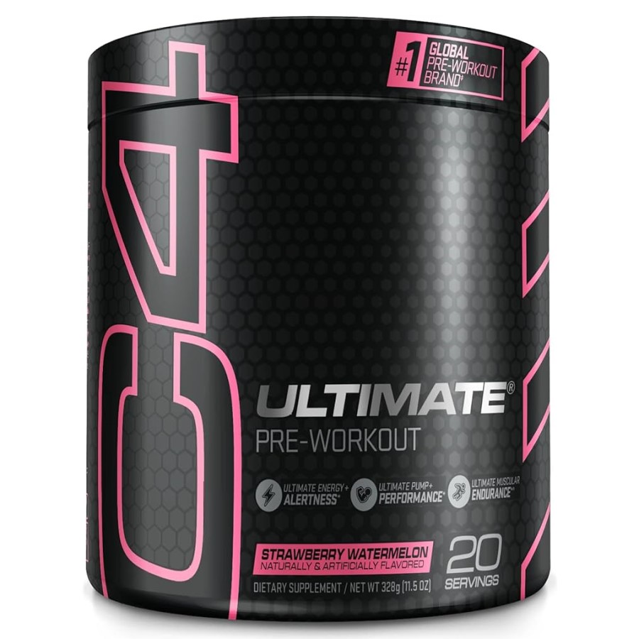 Cellucor C4 Ultimate Pre-Workout supplement, strawberry watermelon flavour, 20 servings, in a black and pink container. Popular for energy, alertness, and performance enhancement.