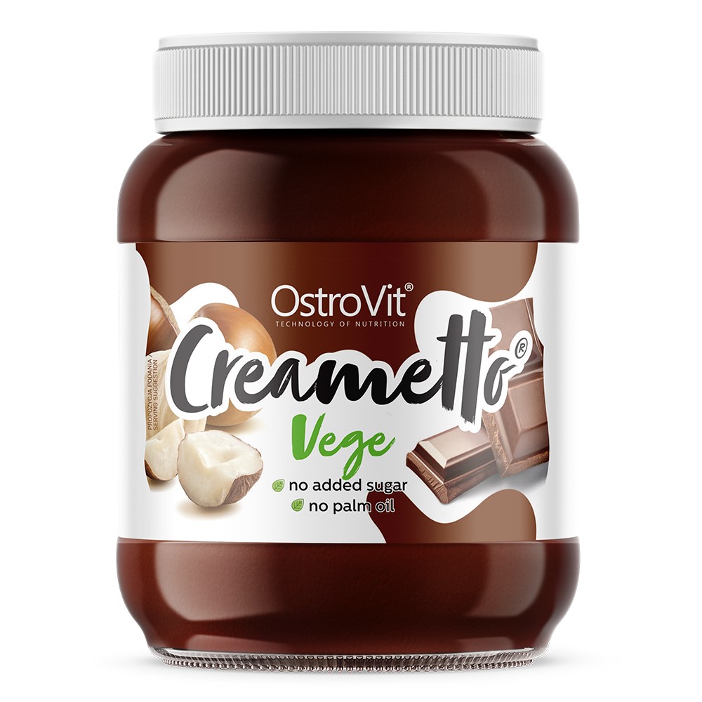 OstroVit Creametto Vege cocoa-hazelnut spread, 350g, vegan, no added sugar, no palm oil, in a brown and white jar with images of hazelnuts and chocolate.
