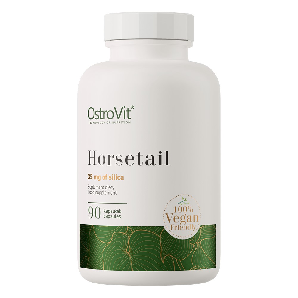 OstroVit Horsetail 90 capsules vegan-friendly food supplement with 35 mg of silica, in a white bottle with green and gold accents.
