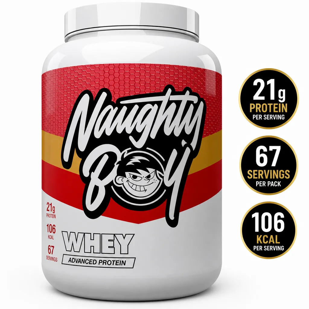 Naughty Boy Whey Protein 2010g advanced whey protein powder with 21g protein per serving, 67 servings, and red and white packaging