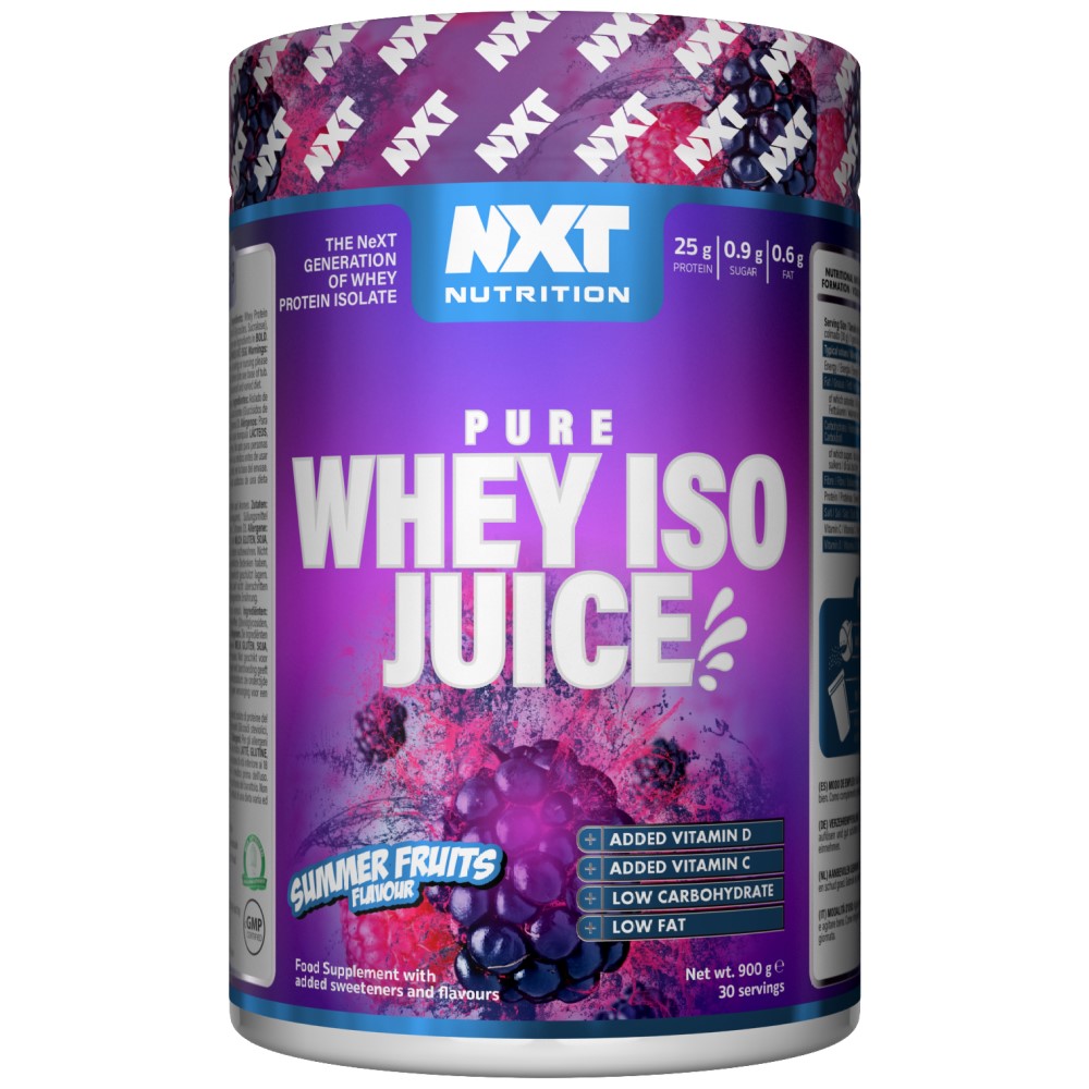 NXT Nutrition Pure Whey ISO Juice 900g summer fruits flavour whey protein isolate supplement with added vitamin D and C, low carbohydrate and low fat, in a purple container.