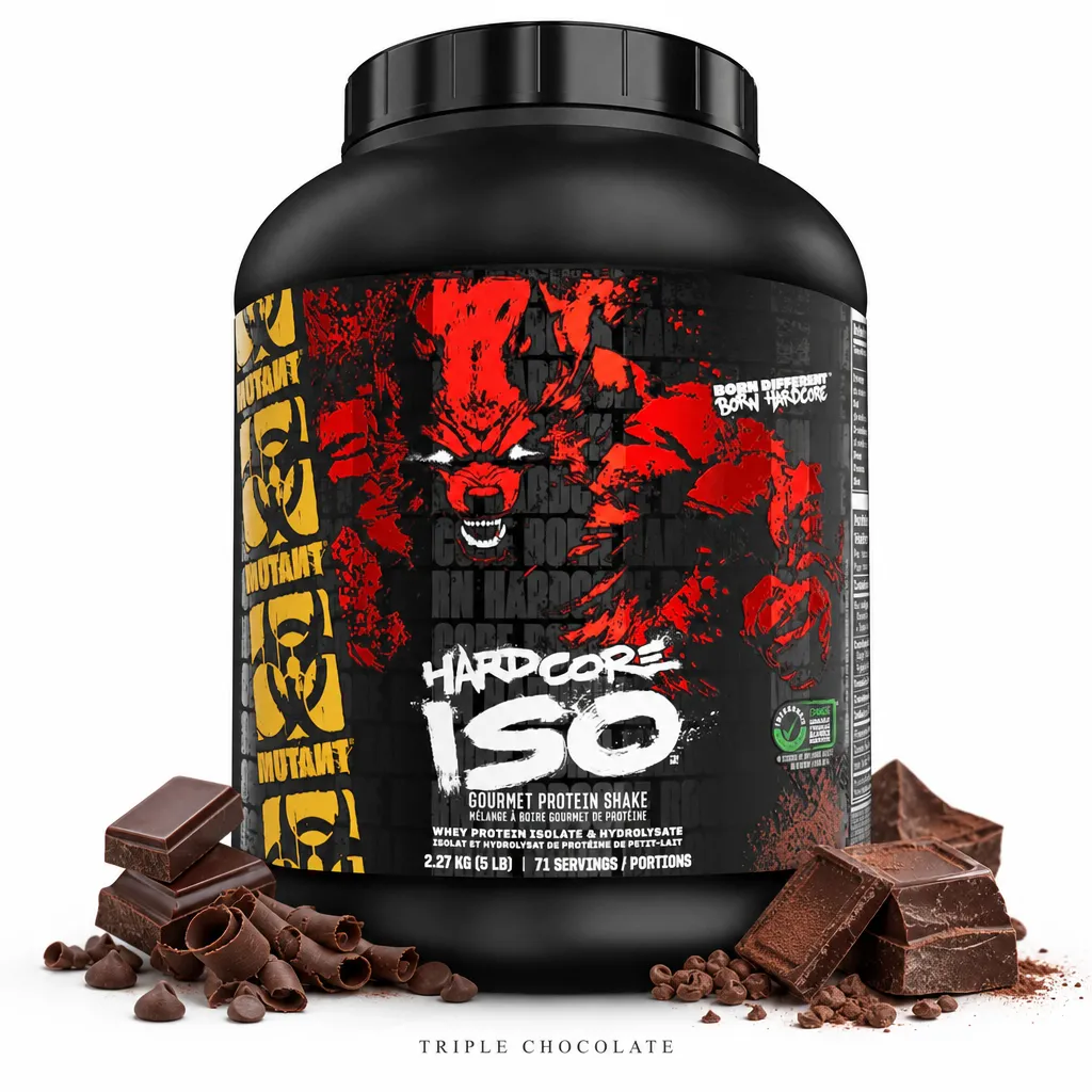 Mutant Hardcore Iso 2270g triple chocolate protein powder, featuring a bold black and red container with a fierce graphic and chocolate pieces indicating the flavor.