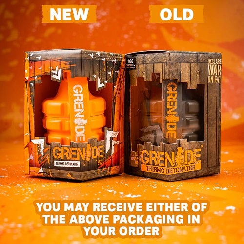 Grenade Thermo Detonator fat burner supplement, showing both new and old packaging designs with orange and black grenade-shaped bottles, 100 capsules size.