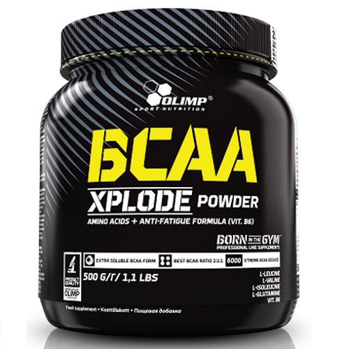 Olimp BCAA Xplode Powder 500g amino acids supplement with anti-fatigue formula, featuring BCAA ratio 2:1:1, in a black container with yellow and white text.