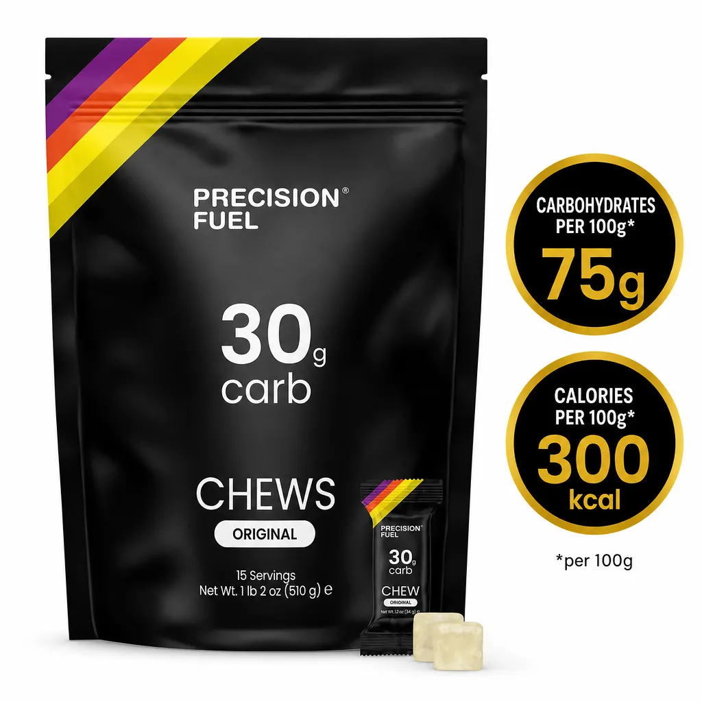 Precision Fuel Carb Chews, Original flavour, 15-serving bag with 30g carbohydrate per serving and two chew pieces shown