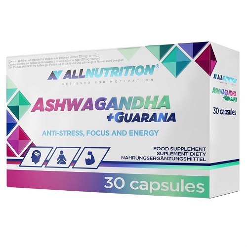 Allnutrition Ashwagandha + Guarana 30 capsules food supplement for anti-stress, focus, and energy, in a white box with colorful geometric accents.