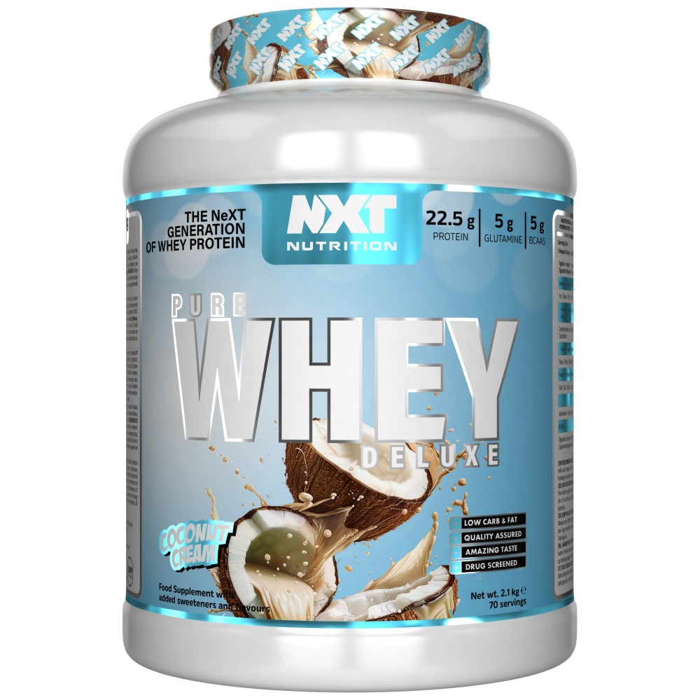 NXT Nutrition Pure Whey Deluxe coconut cream flavour whey protein supplement, 2.1kg tub, high protein content with added glutamine and BCAAs, blue and white packaging.