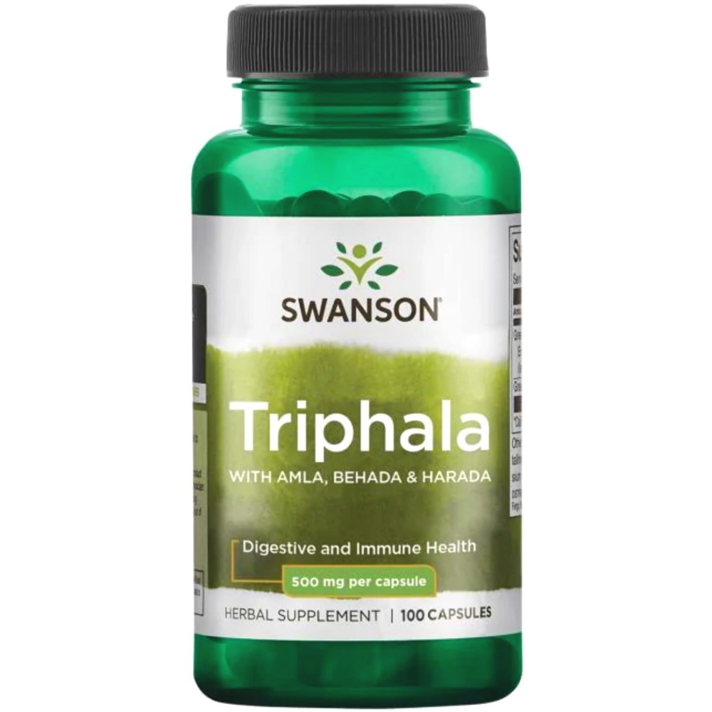Swanson Triphala 500 mg herbal supplement with amla, behada, and harada for digestive and immune health, 100 capsules in a green bottle.
